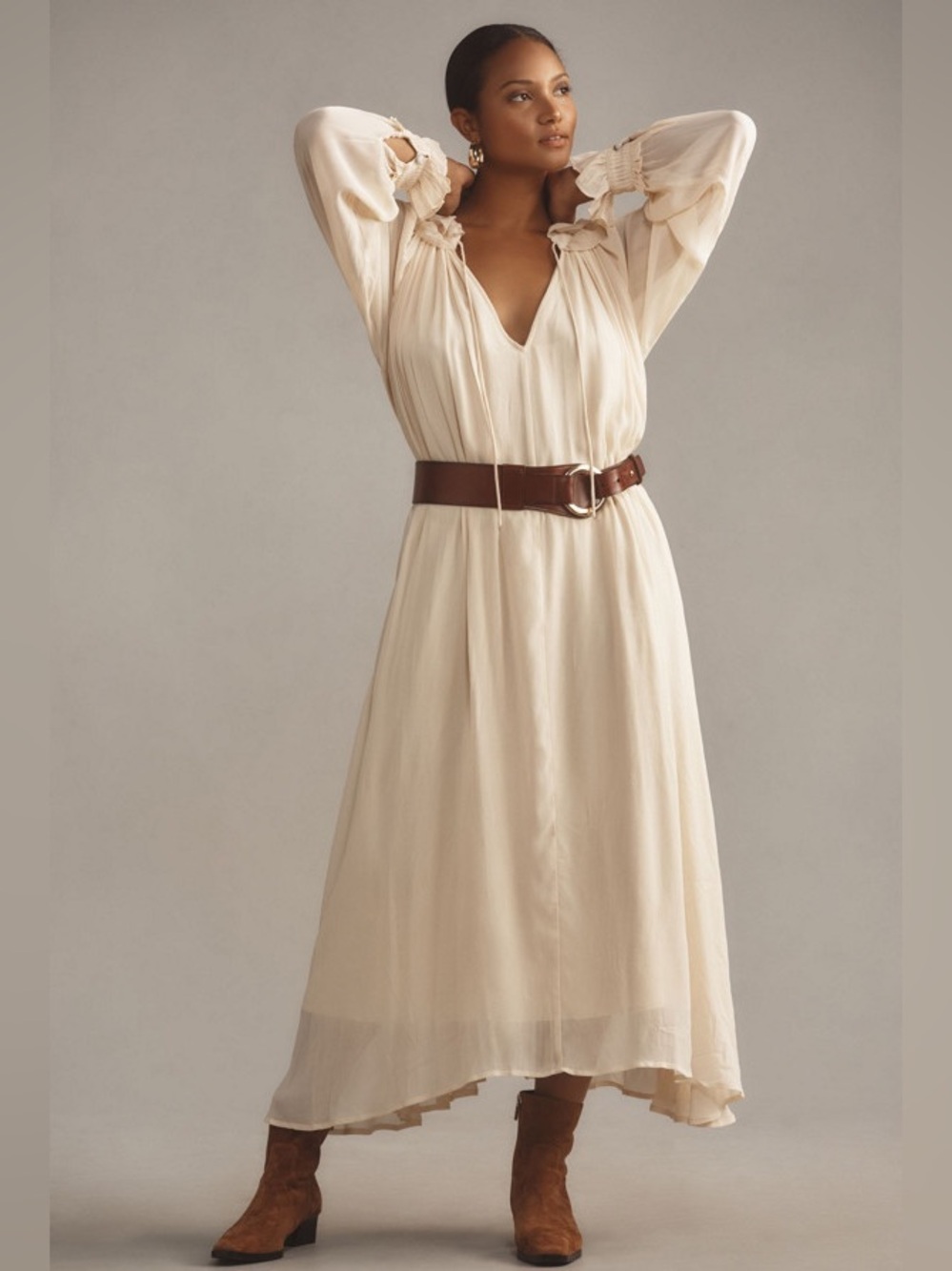 Anthropologie Long-Sleeve Sheer Pleated Midi Dress